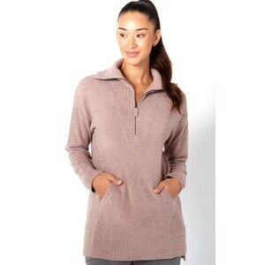 Barefoot Dreams Cozy Chic Lite L Sweater Mauve Zip Mock Neck Tunic Top Pocket R